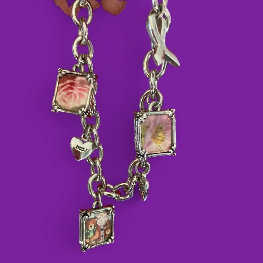 Pink rose charm bracelet with silver tone charms and chain #jewelry